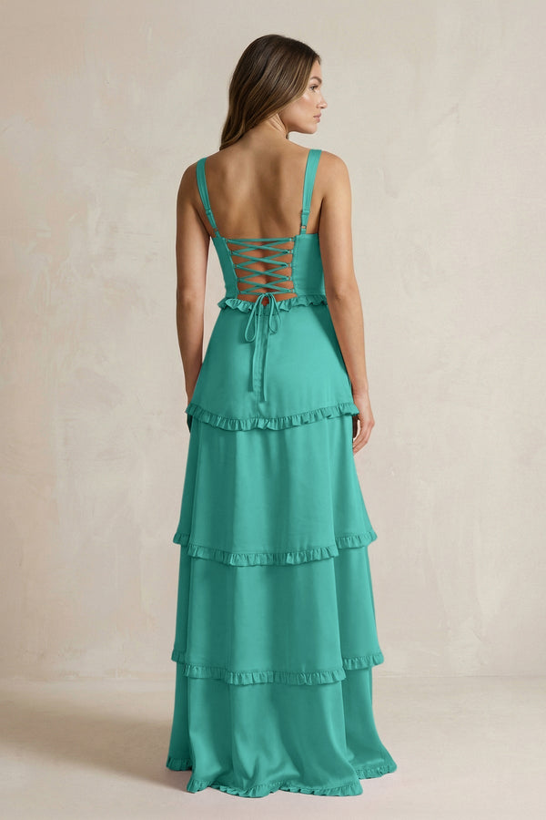 Tiered Ruffled A - Line Bridesmaid Dress With Slit in Matcha - KissProm Bridesmaid Dresses