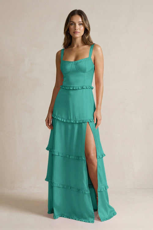 Tiered Ruffled A - Line Bridesmaid Dress With Slit in Matcha - KissProm Bridesmaid Dresses