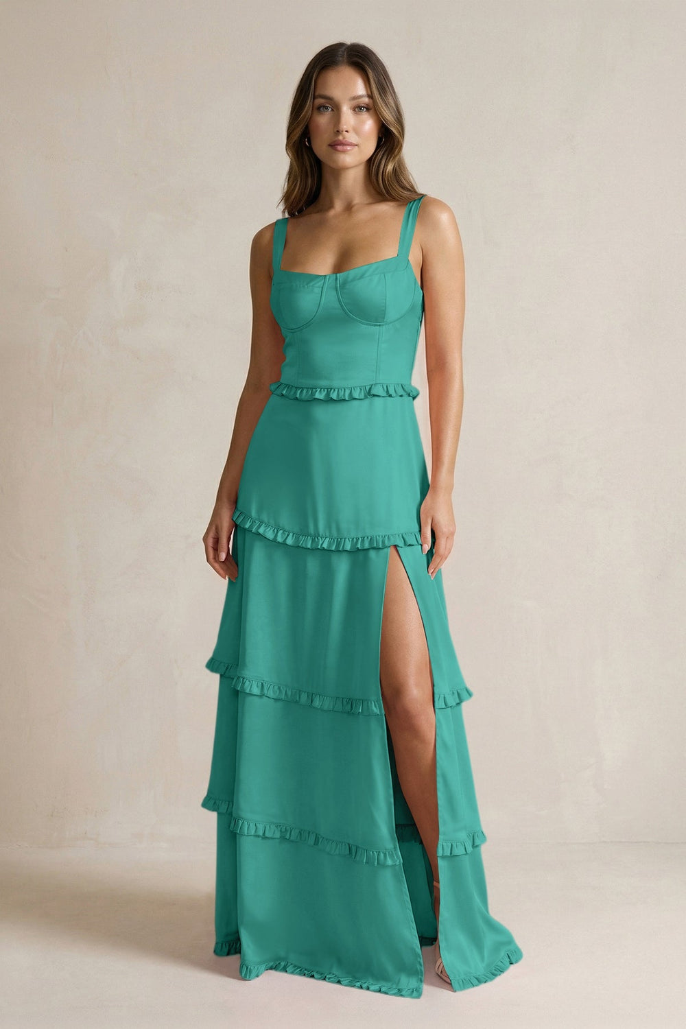 Tiered Ruffled A - Line Bridesmaid Dress With Slit in Matcha - KissProm Bridesmaid Dresses