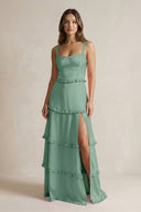 Tiered Ruffled A - Line Bridesmaid Dress With Slit in Mint Green - KissProm Bridesmaid Dresses