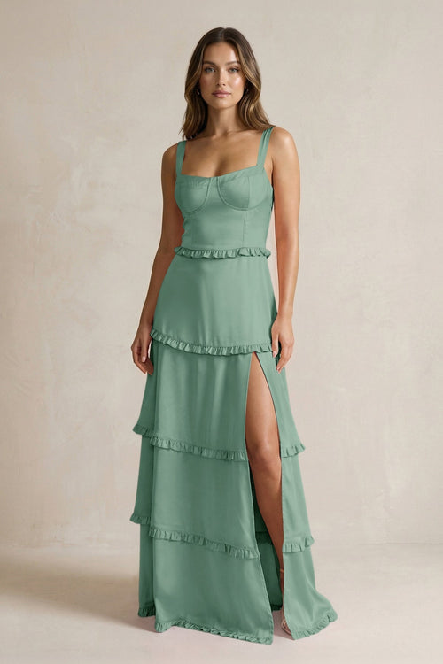 Tiered Ruffled A - Line Bridesmaid Dress With Slit in Mint Green - KissProm Bridesmaid Dresses