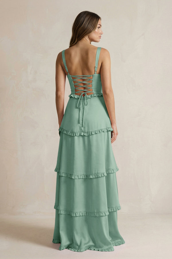 Tiered Ruffled A - Line Bridesmaid Dress With Slit in Mint Green - KissProm Bridesmaid Dresses