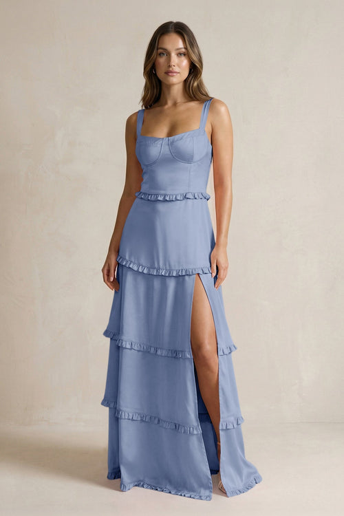 Tiered Ruffled A - Line Bridesmaid Dress With Slit in Mist - KissProm Bridesmaid Dresses
