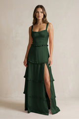 Tiered Ruffled A - Line Bridesmaid Dress With Slit in Moss - KissProm Bridesmaid Dresses