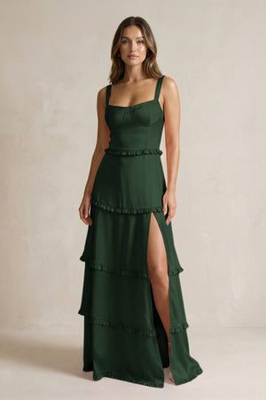 Tiered Ruffled A - Line Bridesmaid Dress With Slit in Moss - KissProm Bridesmaid Dresses
