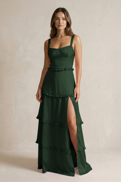 Tiered Ruffled A - Line Bridesmaid Dress With Slit in Moss - KissProm Bridesmaid Dresses
