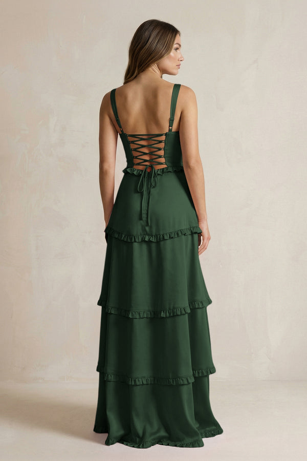Tiered Ruffled A - Line Bridesmaid Dress With Slit in Moss - KissProm Bridesmaid Dresses