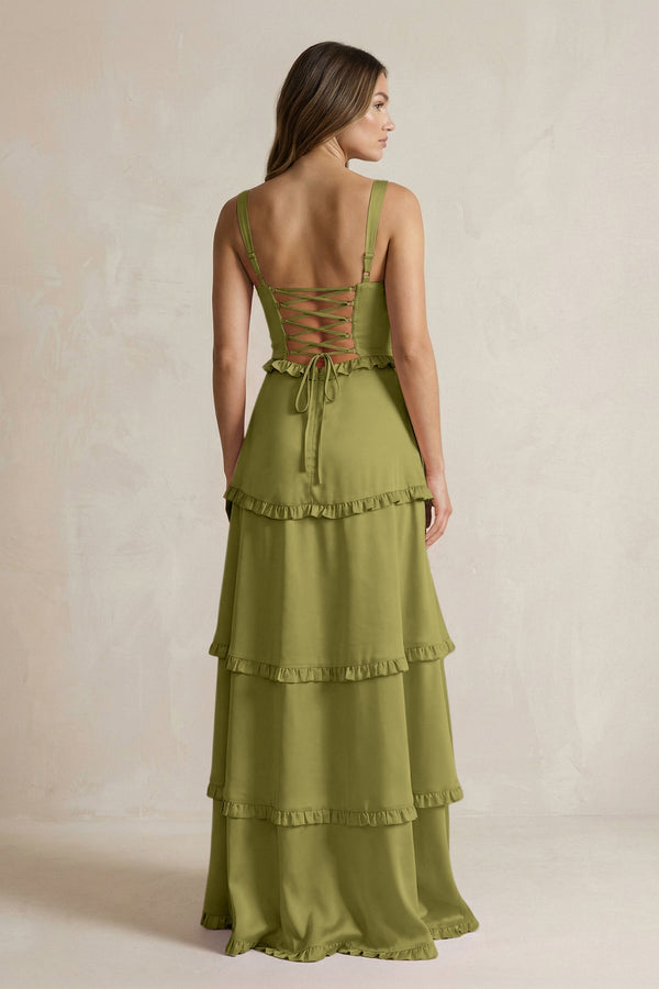 Tiered Ruffled A - Line Bridesmaid Dress With Slit in Moss Green - KissProm Bridesmaid Dresses