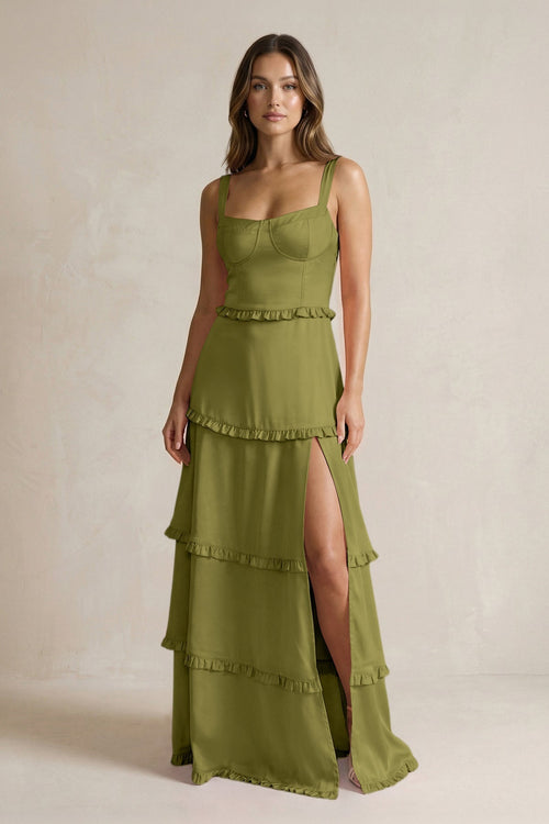 Tiered Ruffled A - Line Bridesmaid Dress With Slit in Moss Green - KissProm Bridesmaid Dresses