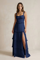 Tiered Ruffled A - Line Bridesmaid Dress With Slit in Navy - KissProm Bridesmaid Dresses