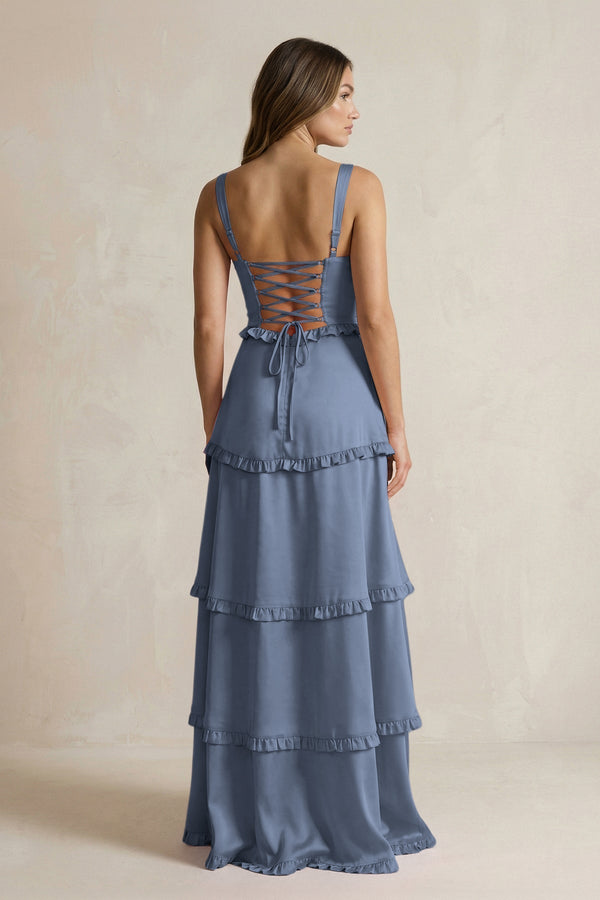 Tiered Ruffled A - Line Bridesmaid Dress With Slit in Neptune - KissProm Bridesmaid Dresses