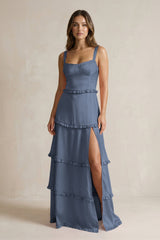 Tiered Ruffled A - Line Bridesmaid Dress With Slit in Neptune - KissProm Bridesmaid Dresses