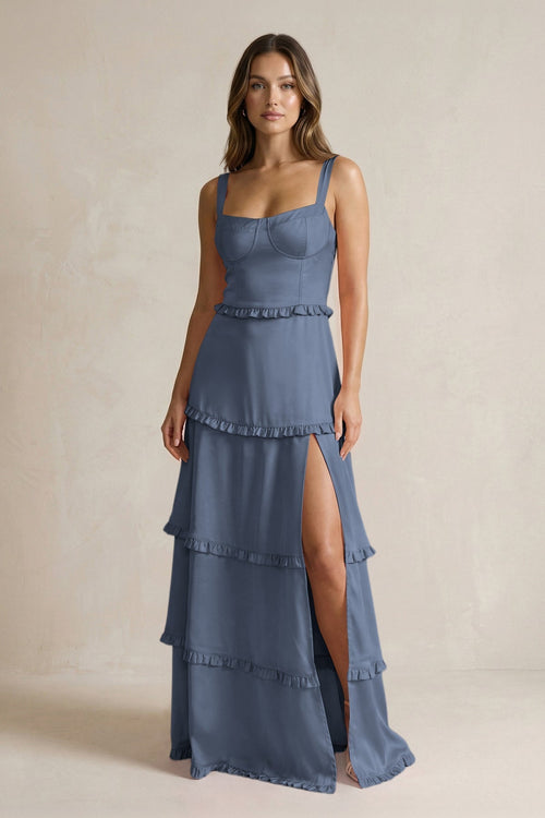 Tiered Ruffled A - Line Bridesmaid Dress With Slit in Neptune - KissProm Bridesmaid Dresses