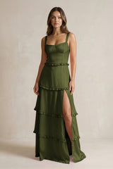 Tiered Ruffled A - Line Bridesmaid Dress With Slit in Olive - KissProm Bridesmaid Dresses