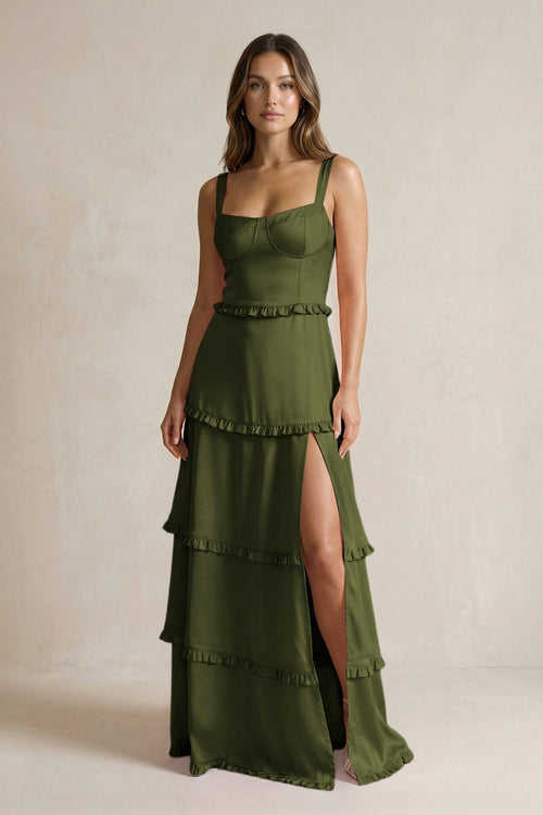 Tiered Ruffled A - Line Bridesmaid Dress With Slit in Olive - KissProm Bridesmaid Dresses