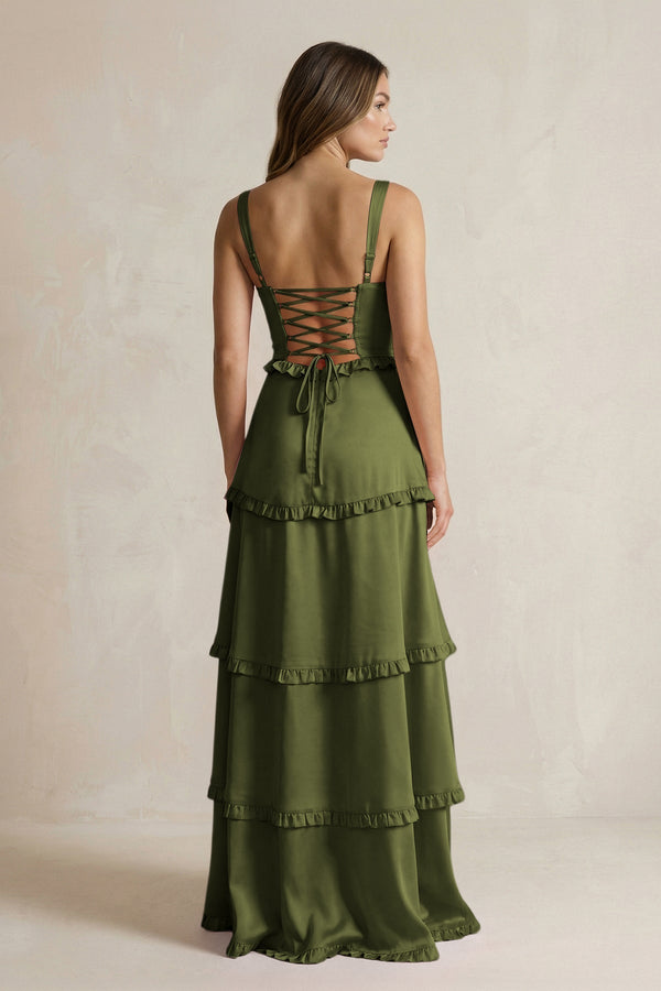 Tiered Ruffled A - Line Bridesmaid Dress With Slit in Olive - KissProm Bridesmaid Dresses