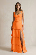 Tiered Ruffled A - Line Bridesmaid Dress With Slit in Orange - KissProm Bridesmaid Dresses