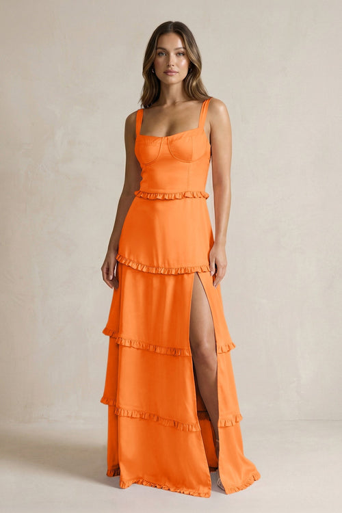 Tiered Ruffled A - Line Bridesmaid Dress With Slit in Orange - KissProm Bridesmaid Dresses