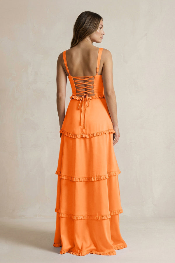 Tiered Ruffled A - Line Bridesmaid Dress With Slit in Orange - KissProm Bridesmaid Dresses