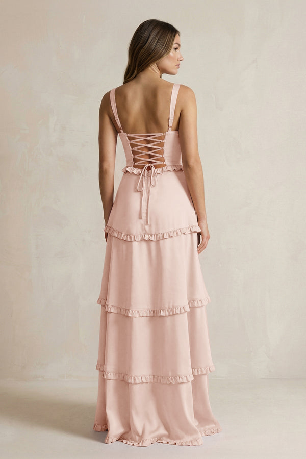 Tiered Ruffled A - Line Bridesmaid Dress With Slit in Pale Blush - KissProm Bridesmaid Dresses