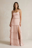 Tiered Ruffled A - Line Bridesmaid Dress With Slit in Pale Blush - KissProm Bridesmaid Dresses