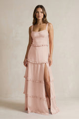 Tiered Ruffled A - Line Bridesmaid Dress With Slit in Pale Blush - KissProm Bridesmaid Dresses