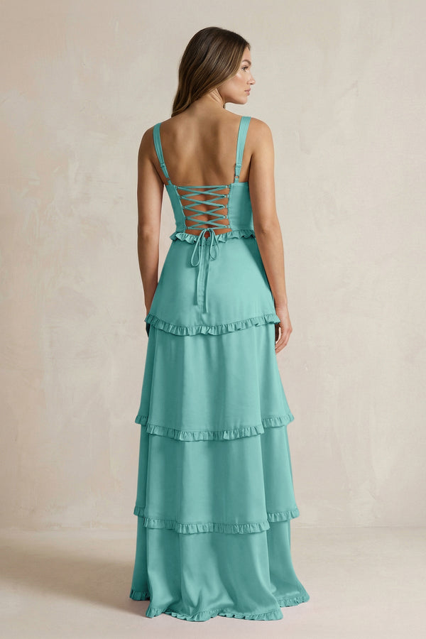 Tiered Ruffled A - Line Bridesmaid Dress With Slit in Pale Pistachio - KissProm Bridesmaid Dresses