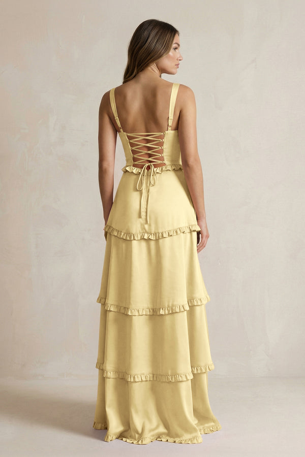 Tiered Ruffled A - Line Bridesmaid Dress With Slit in Pastel Yellow - KissProm Bridesmaid Dresses