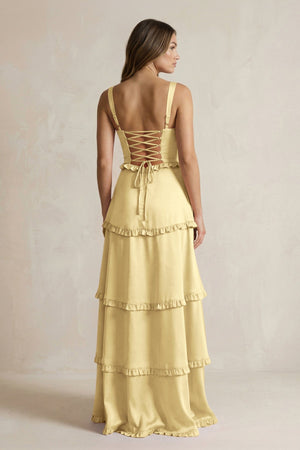 Tiered Ruffled A - Line Bridesmaid Dress With Slit in Pastel Yellow - KissProm Bridesmaid Dresses