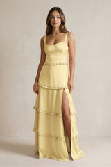 Tiered Ruffled A - Line Bridesmaid Dress With Slit in Pastel Yellow - KissProm Bridesmaid Dresses
