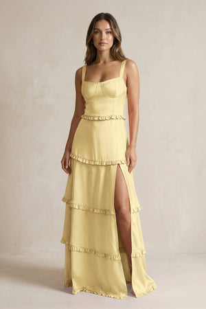 Tiered Ruffled A - Line Bridesmaid Dress With Slit in Pastel Yellow - KissProm Bridesmaid Dresses