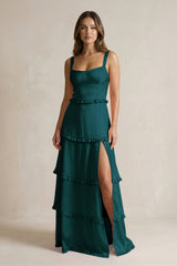 Tiered Ruffled A - Line Bridesmaid Dress With Slit in Pine - KissProm Bridesmaid Dresses
