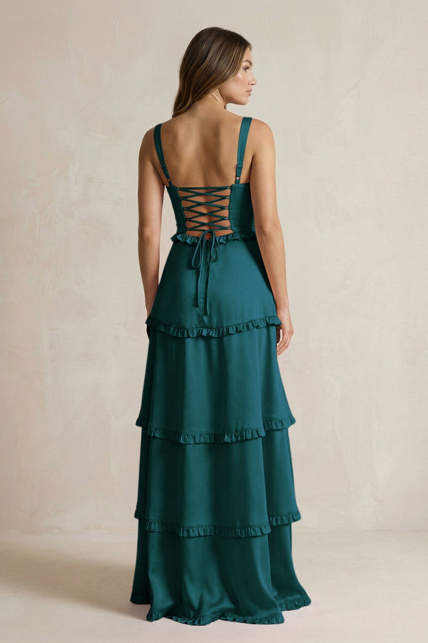 Tiered Ruffled A - Line Bridesmaid Dress With Slit in Pine - KissProm Bridesmaid Dresses
