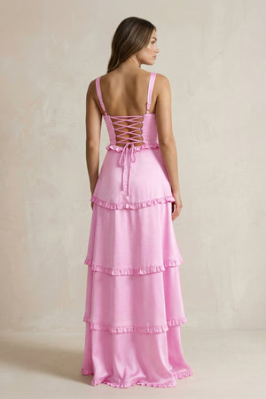 Tiered Ruffled A - Line Bridesmaid Dress With Slit in Pink - KissProm Bridesmaid Dresses