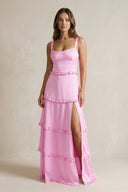 Tiered Ruffled A - Line Bridesmaid Dress With Slit in Pink - KissProm Bridesmaid Dresses