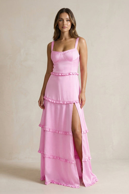 Tiered Ruffled A - Line Bridesmaid Dress With Slit in Pink - KissProm Bridesmaid Dresses