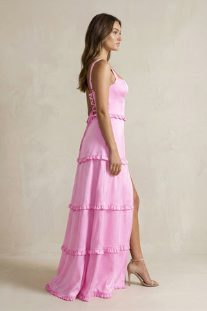 Tiered Ruffled A - Line Bridesmaid Dress With Slit in Pink - KissProm Bridesmaid Dresses
