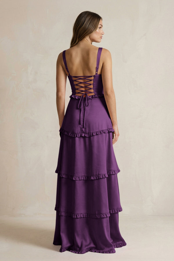 Tiered Ruffled A - Line Bridesmaid Dress With Slit in Plum - KissProm Bridesmaid Dresses