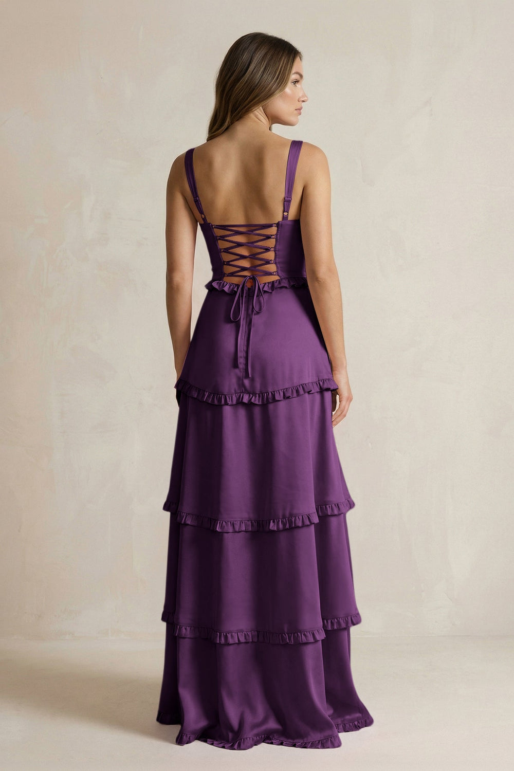 Tiered Ruffled A - Line Bridesmaid Dress With Slit in Plum - KissProm Bridesmaid Dresses
