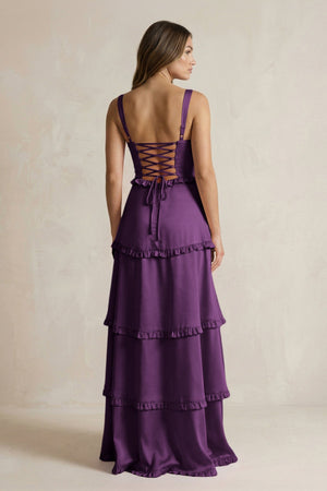 Tiered Ruffled A - Line Bridesmaid Dress With Slit in Plum - KissProm Bridesmaid Dresses