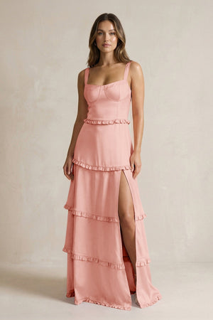 Tiered Ruffled A - Line Bridesmaid Dress With Slit in Rose Petal - KissProm Bridesmaid Dresses