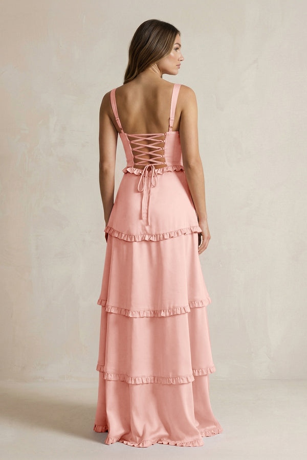 Tiered Ruffled A - Line Bridesmaid Dress With Slit in Rose Petal - KissProm Bridesmaid Dresses