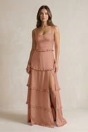 Tiered Ruffled A - Line Bridesmaid Dress With Slit in Rosette - KissProm Bridesmaid Dresses