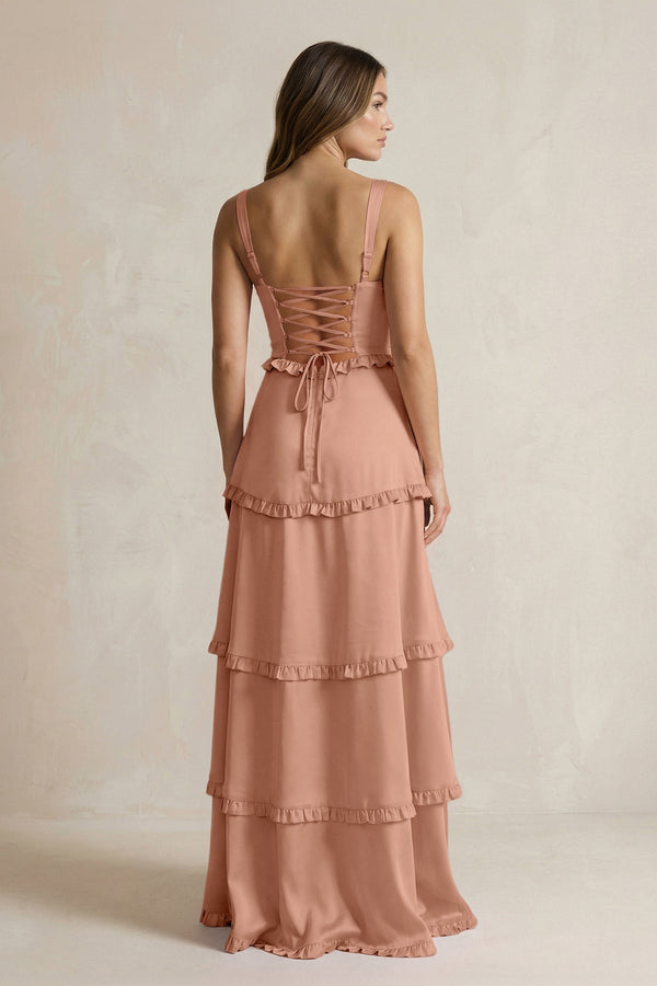 Tiered Ruffled A - Line Bridesmaid Dress With Slit in Rosette - KissProm Bridesmaid Dresses