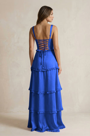 Tiered Ruffled A - Line Bridesmaid Dress With Slit in Royal Blue - KissProm Bridesmaid Dresses