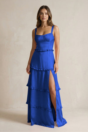 Tiered Ruffled A - Line Bridesmaid Dress With Slit in Royal Blue - KissProm Bridesmaid Dresses