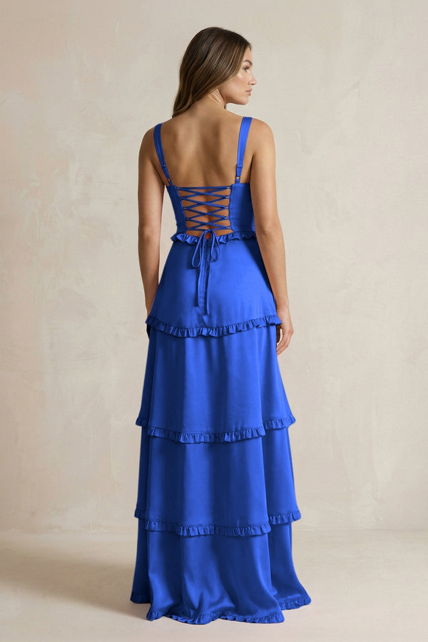 Tiered Ruffled A - Line Bridesmaid Dress With Slit in Royal Blue - KissProm Bridesmaid Dresses