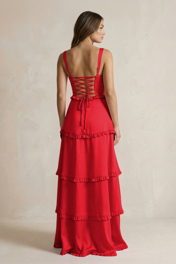 Tiered Ruffled A - Line Bridesmaid Dress With Slit in Ruby Red - KissProm Bridesmaid Dresses
