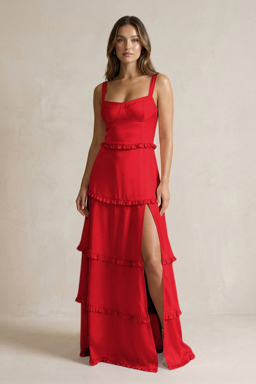 Tiered Ruffled A - Line Bridesmaid Dress With Slit in Ruby Red - KissProm Bridesmaid Dresses