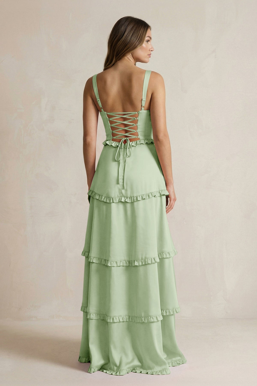 Tiered Ruffled A - Line Bridesmaid Dress With Slit in Sage - KissProm Bridesmaid Dresses